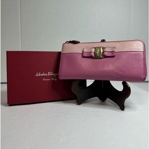 Salvatore Ferragamo Vara Ribbon Long Wallet L-shaped Zipper Logo Leather Pink